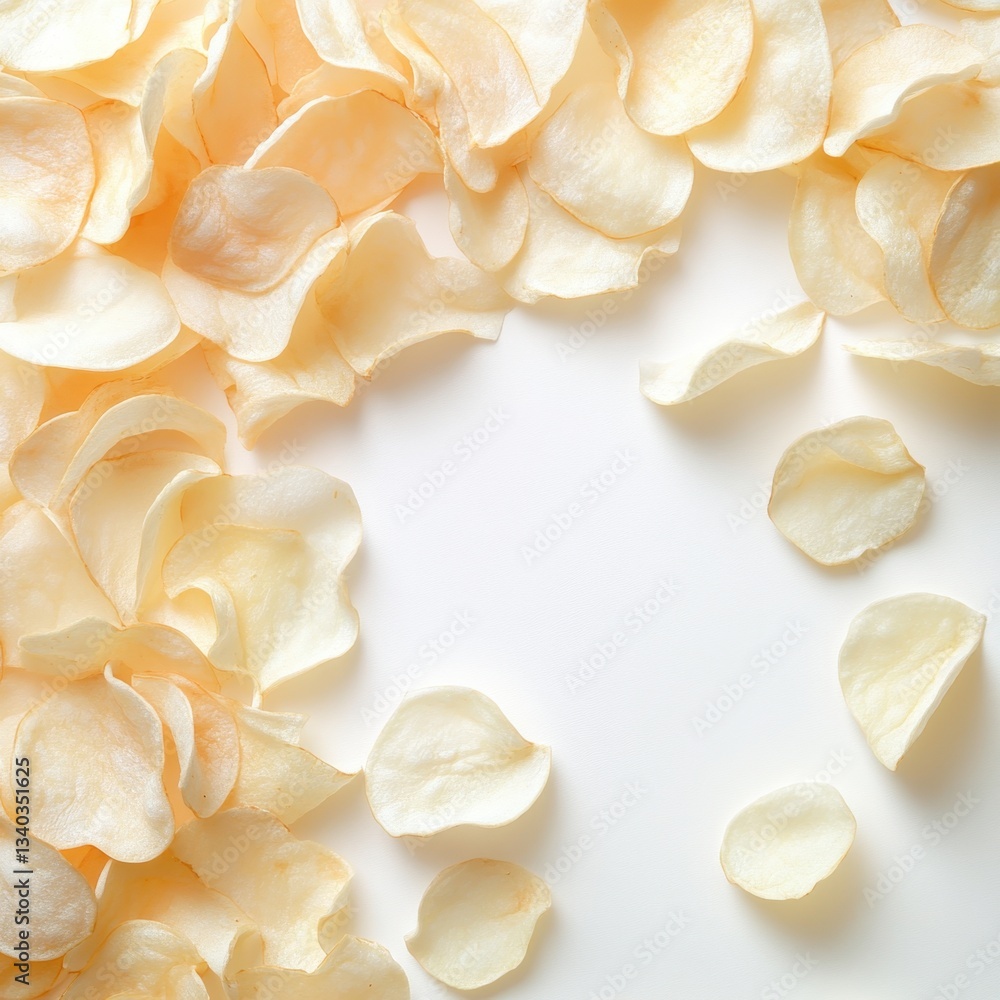 Poster crispy potato chip symphony on white backdrop creating inviting texture and visual appeal for food p
