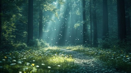 Obraz premium Sunlight streams through mystical forest path, flowers bloom