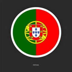 Portugal circle flag icon with shadow on dark background. Portugal button icon with white border isolated dark grey background	
