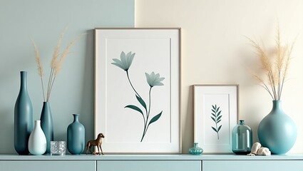 A modern, sleek display of vases in varying shapes and sizes rests elegantly on a shelf in a blue-toned interior, enhancing the room's sophisticated vibe.
