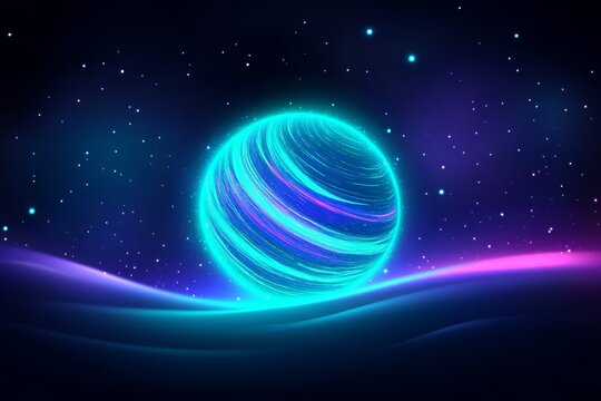 Abstract glowing planet with neon light and stars - Powered by Adobe