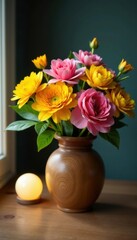 Obraz premium Fresh spring flowers arranged in a elegant wooden vase on a wooden table near a soft lighted bulb, floral arrangement, wooden table