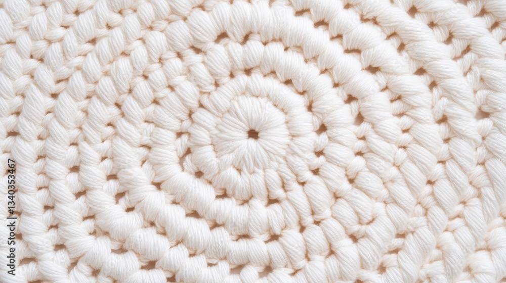 Poster a close-up of a circular woven mat featuring intricate spiral patterns in soft white fibers, macramé