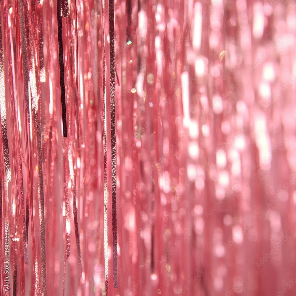 Poster shimmering pink tinsel curtain backdrop creating a festive atmosphere with soft light and shallow de