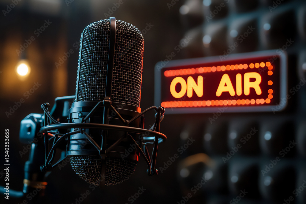 Poster a close-up of an open microphone on the left side with a black background