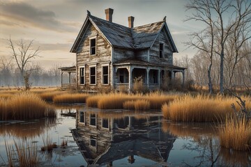 Obraz premium Abandoned Farmhouse Reflected in Swamp at Sunrise