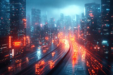 Fototapeta premium Futuristic city highway at night, neon lights, rain, urban cityscape