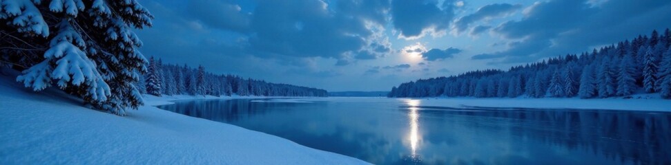 Obraz premium Frozen lake with snow-covered trees and a moonlit sky, ice, trees