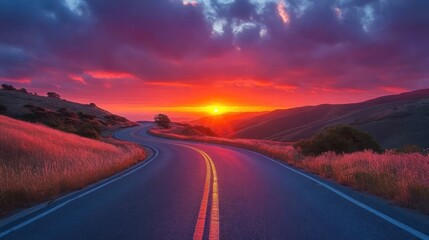 Naklejka premium Winding Road Sunset Mountain Landscape