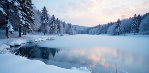 Frozen pond with snow-covered trees and frozen lake, serene scene, ice skating, cold climate