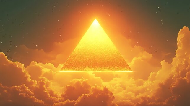 A glowing pyramid emerging from clouds, symbolizing enlightenment and mystery in a mystical atmosphere.