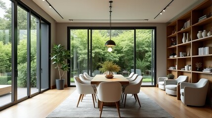 Fototapeta premium Modern Living Dining Room with Nature View Large Windows and Wood Floors