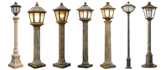 Vintage street lamps with glowing lights isolated with transparent background