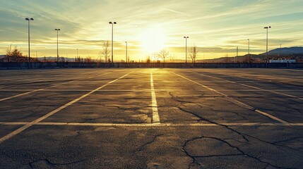 Abandoned Outdoor Parking Lot at Sunset with Cracked Pavement