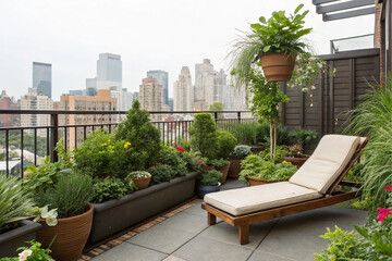 Simple attractive modern urban balcony garden with potted plants and reclining chair