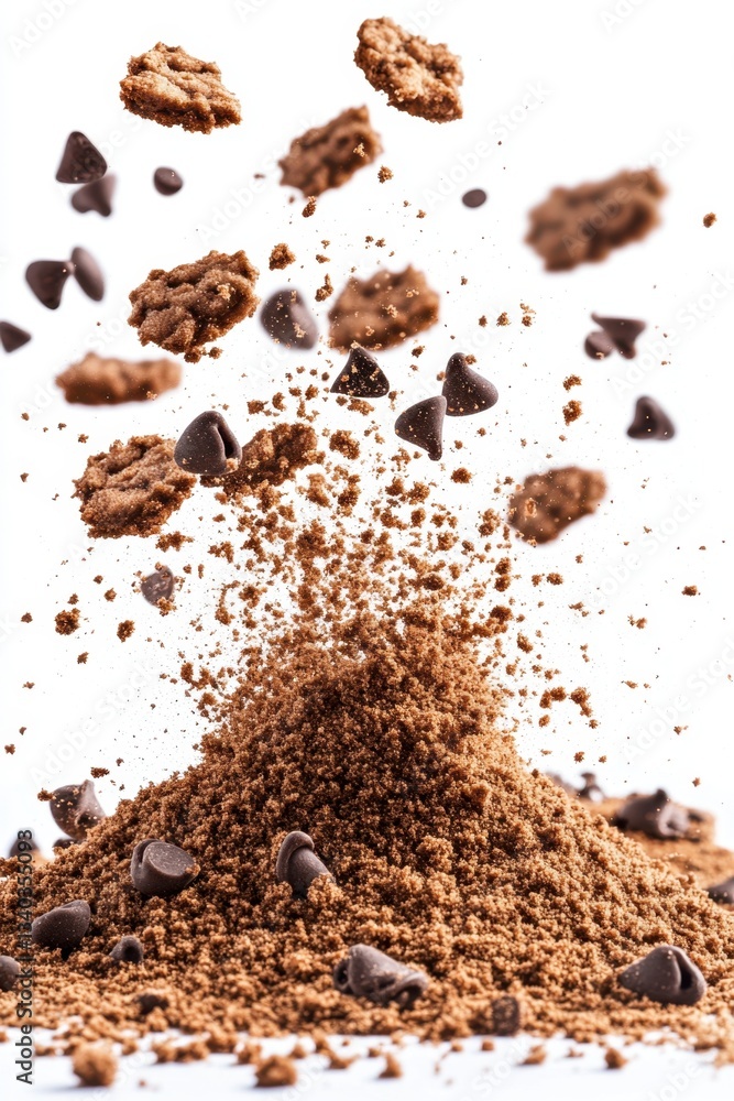 Poster delicious chocolate chip cookies and powder explosion on a white background creating a dynamic and a