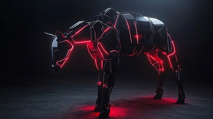 Futuristic Mechanical Horse with Red Neon Lights on Dark Background