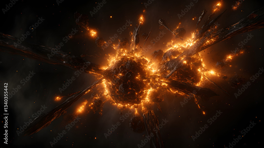 Poster explosive fireball in a cosmic setting with bright light and energy demonstrating stellar dynamics i