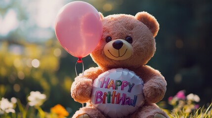 A plush teddy bear nestled amidst grass and vibrant flowers