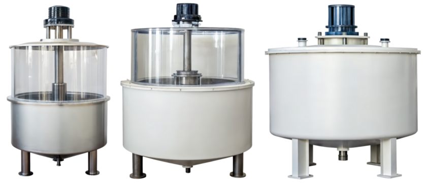 Industrial mixing tanks with agitators for processing isolated with transparent background