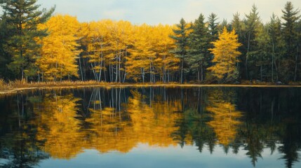 Obraz premium Autumnal Reflection: Golden Trees Mirrored in a Tranquil Lake