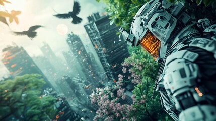 Naklejka premium Futuristic soldier overlooking overgrown, post-apocalyptic city.