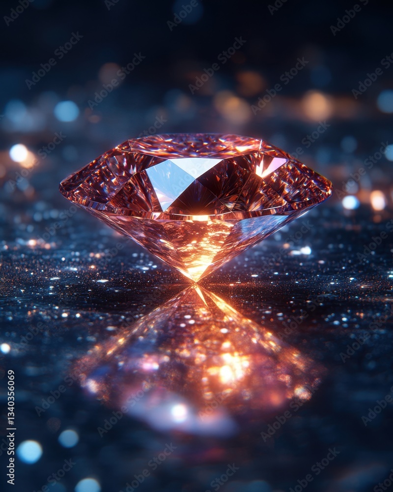 Poster radiant gemstone on a glittering surface creating a mesmerizing reflection in a dark backdrop