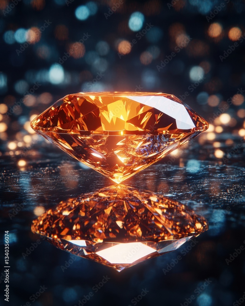 Poster radiant amber gemstone reflecting on a dark surface with bokeh lights creating a luxurious ambiance 