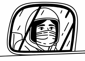 Close-up portrait of young woman wears protective mask indoor.