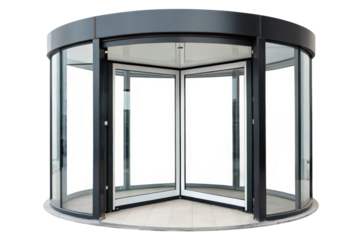 Revolving door entrance with glass panels isolated with transparent background