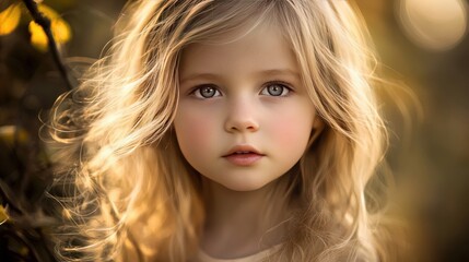 Naklejka premium Stunning little girl with long blonde hair and blue eyes staring into the camera