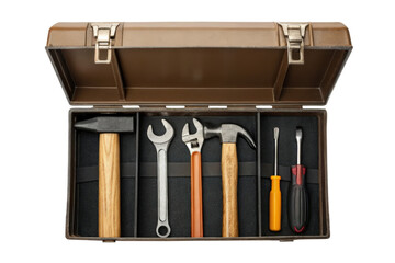 Open metal toolbox with assorted hand tools isolated with transparent background