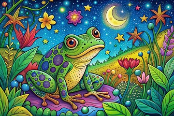 Fototapeta premium Magical Night Frog Coloring Page: Fun Nature Illustration for Kids