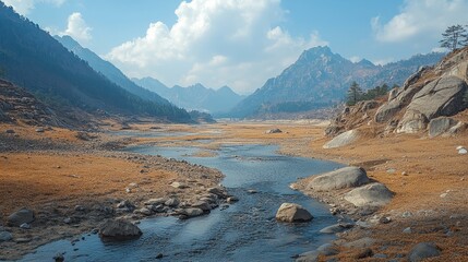 Drought-affected mountain region, streams reduced to dry paths 