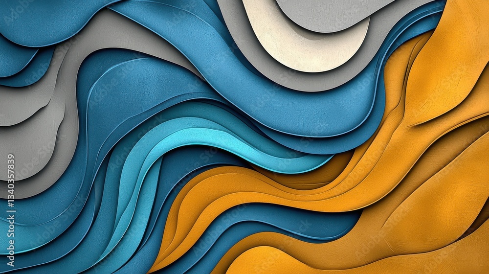 Poster a captivating abstract composition of fluid overlapping shapes and waves in a vibrant palette of blu