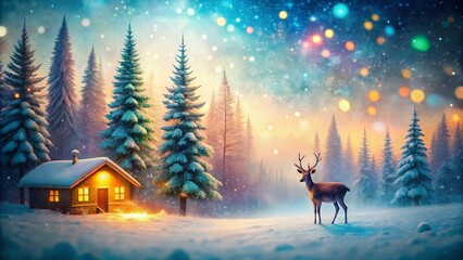 Magical Snowy Forest Christmas Landscape: Cozy Cabin, Deer, & Bokeh