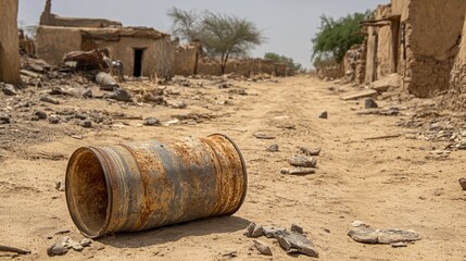 Dry, empty water barrels, lying in a deserted, parched village 