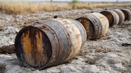 Dry, empty water barrels, lying in a deserted, parched village 