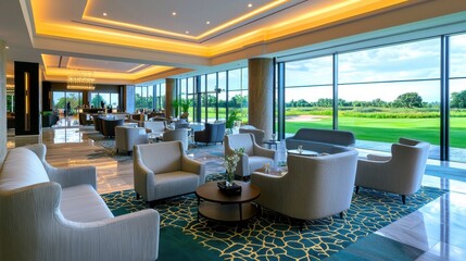 Luxurious and sophisticated lounge area in an exclusive country club offering a tranquil retreat with a picturesque view of the surrounding golf course and natural landscape