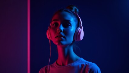 Fototapeta premium Young Woman With Headphones In Neon Light