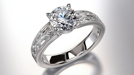 A beautifully crafted platinum engagement ring featuring a captivating diamond center stone and an ornate intricate band design