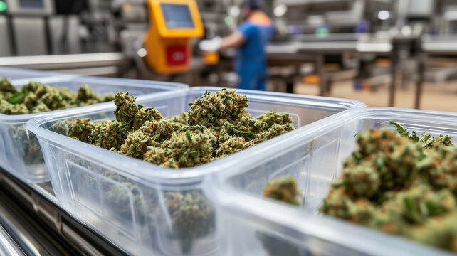 Cannabis Buds Packaging in Botanical Processing Facility
