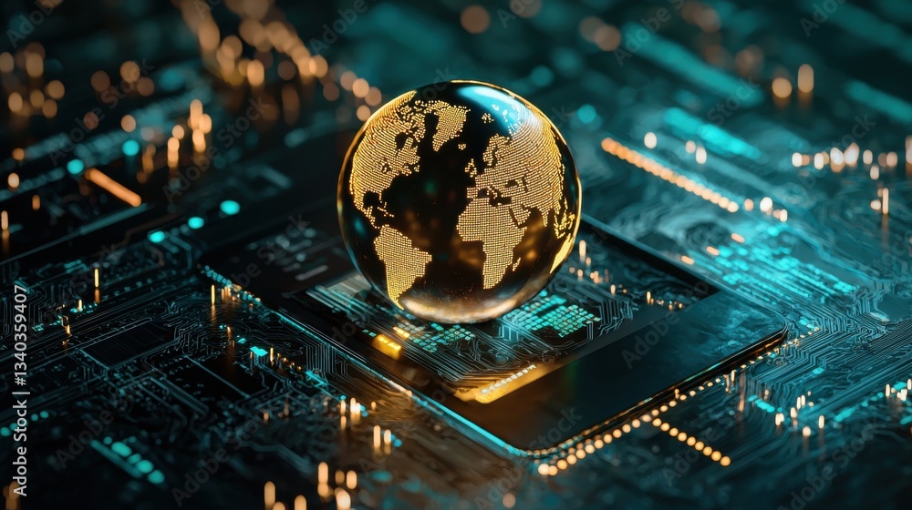 Poster cutting edge circuit board and global financial technology symbolizing digital innovation data analy