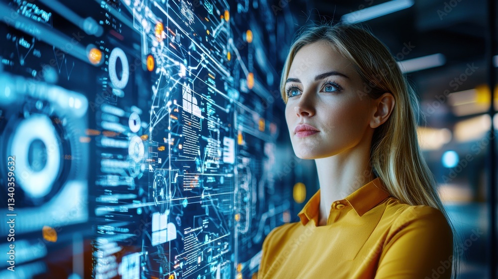 Poster a woman intently examining complex data and information displayed on a futuristic virtual screen ref