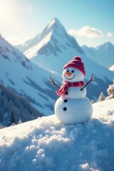 Obraz premium happy snowman standing on a hill in the middle of a snow-covered mountain, snowy scenery, snowy peak