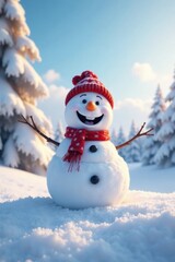 Happy snowman with big smile is situated at the top of a snowy hill surrounded by snow-covered trees and a vast white landscape, cold weather, happy snowman