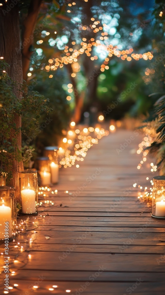 Poster enchanting evening pathway illuminated by soft candle glow and string lights creating a warm romanti