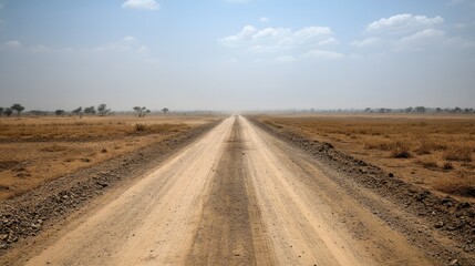Naklejka premium Dusty road leading to nowhere, with parched fields on both sides 