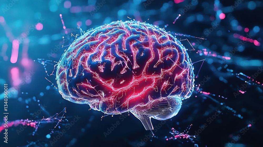 Poster a captivating digital rendering of a futuristic brain surrounded by a vibrant display of neural acti