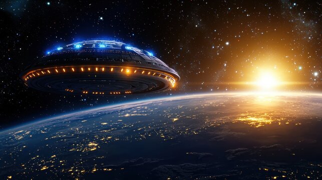 A futuristic otherworldly spacecraft resembling a galactic embassy floats above the glowing luminous surface of a distant planet surrounded by the vast mysterious cosmos